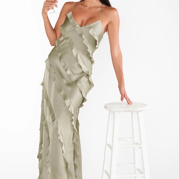 Show Me Your MuMu Romance Ruffle Dress - S (Moss Green Luxe) - Picture 2 of 6